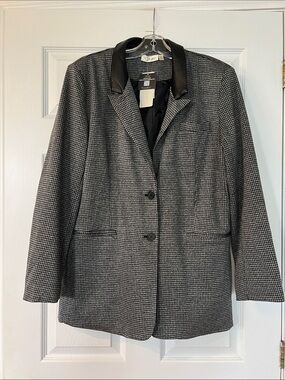 RD Style Black and White Houndstooth Blazer with Faux Leather Collar